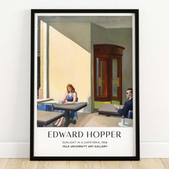 Edward Hopper Sunlight in a Cafeteria 1958 Yale Art Gallery Print featuring a woman and man in a cafeteria.