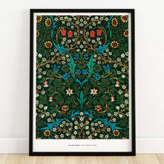 Exhibition Art Print William Morris Tulip Famous Pattern Arts Crafts Floral Poster Wall Art framed with dark background and colorful flowers.
