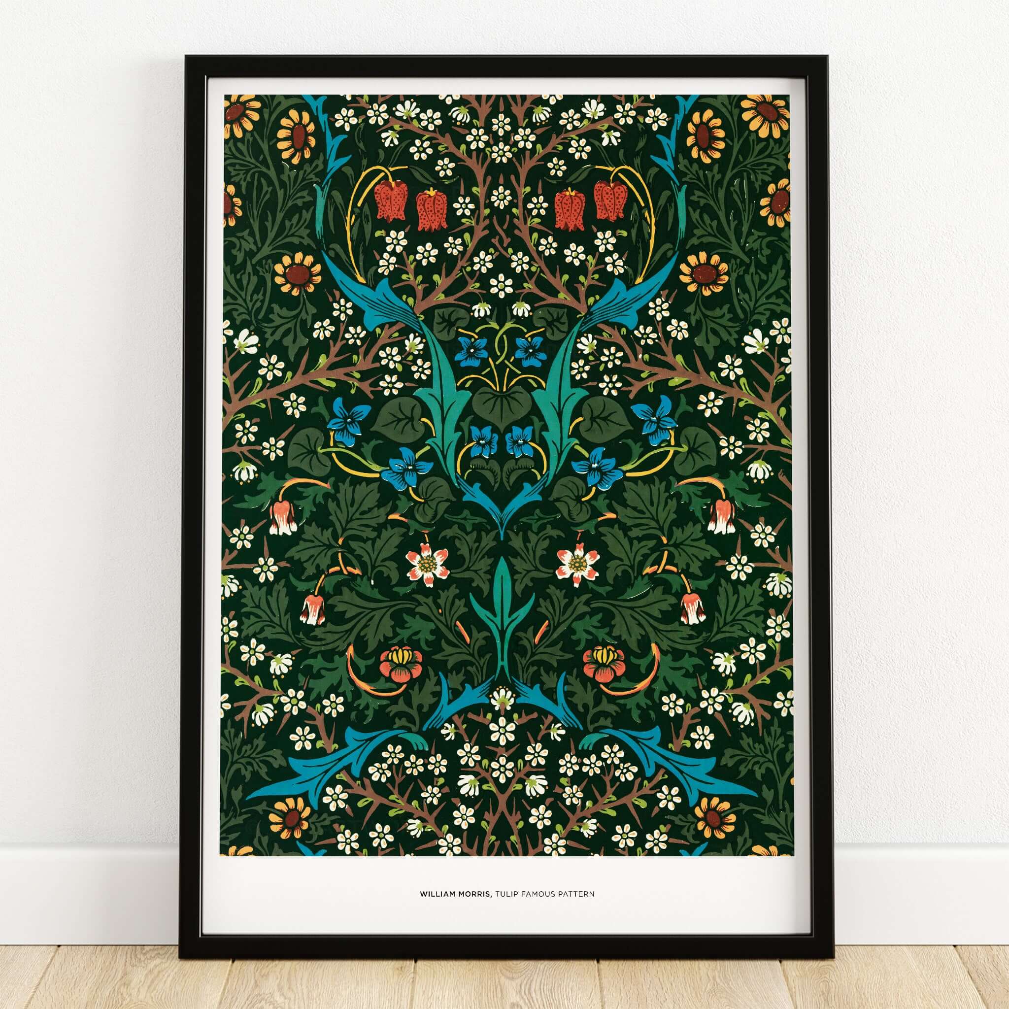 Exhibition Art Print William Morris Tulip Famous Pattern Arts Crafts Floral Poster Wall Art framed with dark background and colorful flowers.