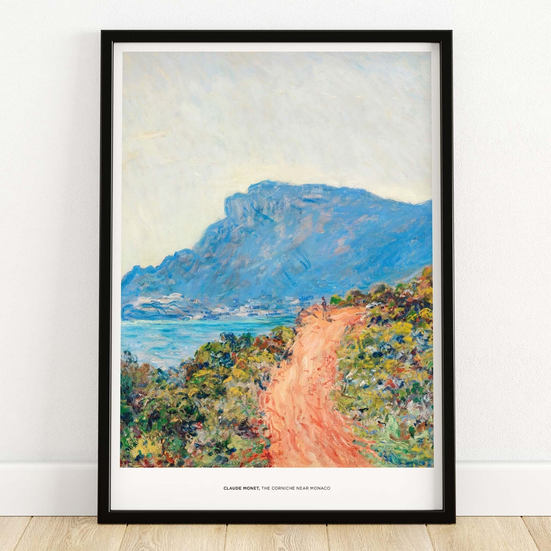 Exhibition Art Print Claude Monet The Corniche near Monaco Impressionist Landscape Poster framed on a wall with a coastal scene.