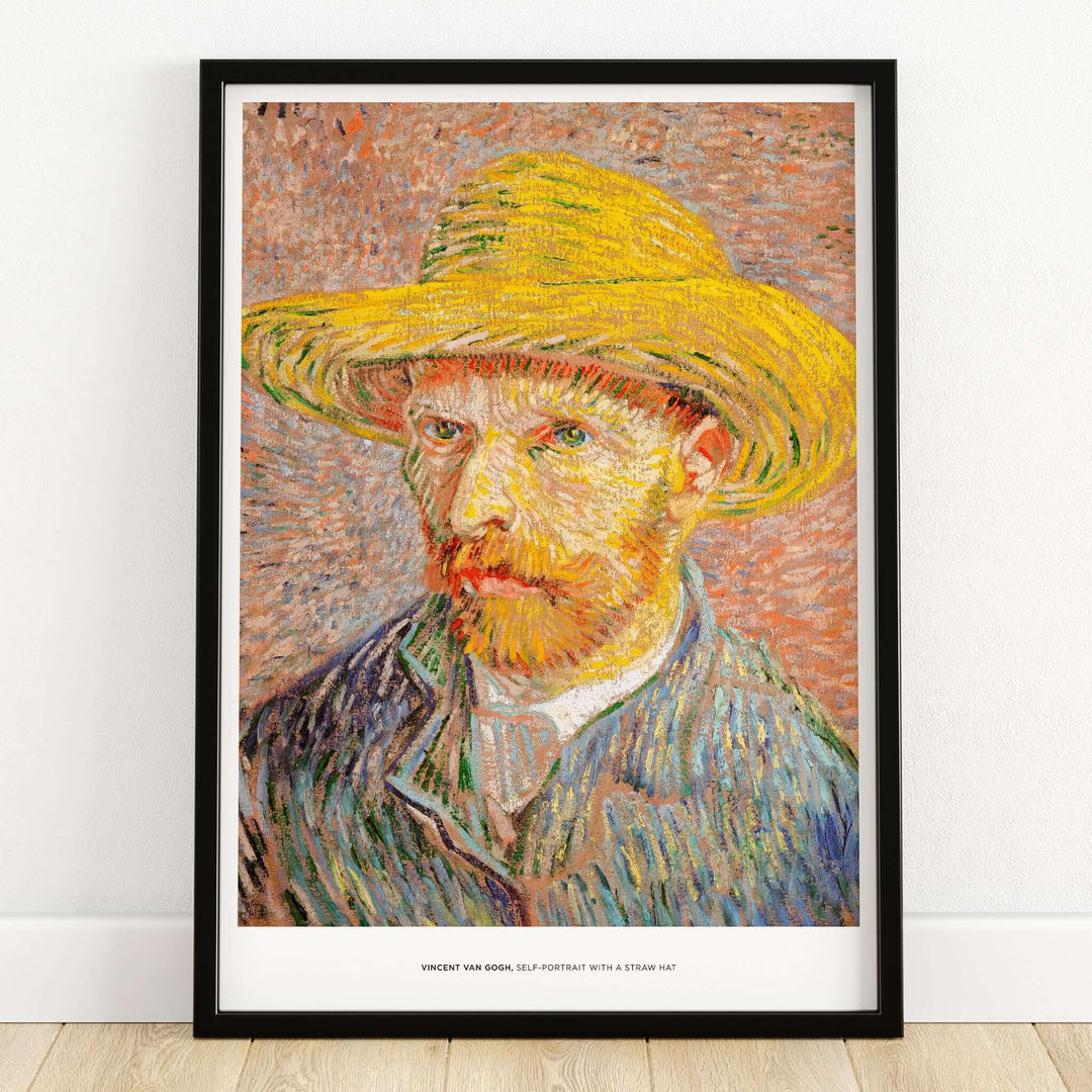 Vincent van Gogh Self Portrait Straw Hat Post-Impressionist Art Print Poster displayed in a black frame on a light background.