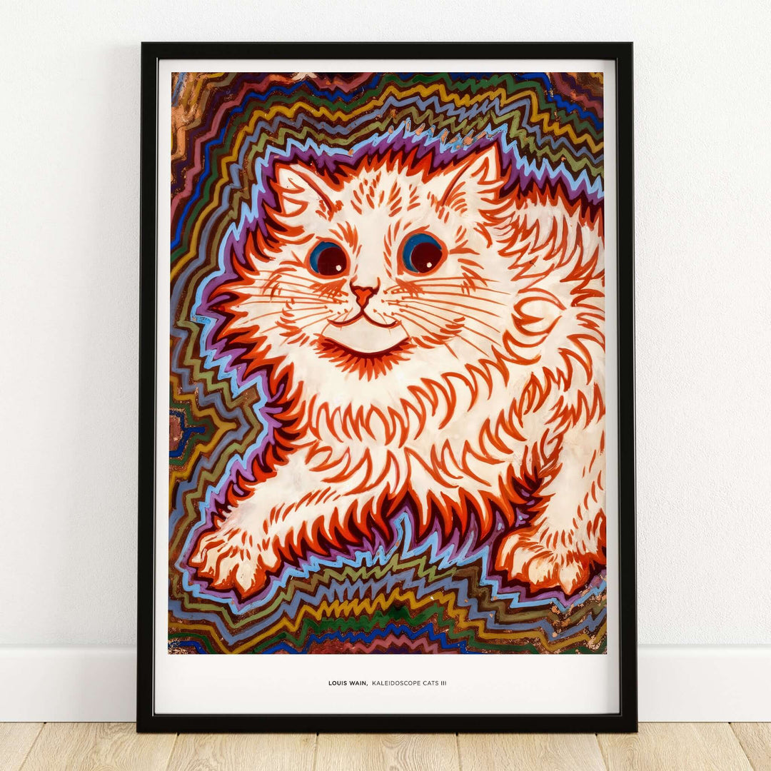Kaleidoscope Cat Psychedelic Feline Poster Wall Art Louis Wain Exhibition Art Print featuring a vibrant cat illustration.