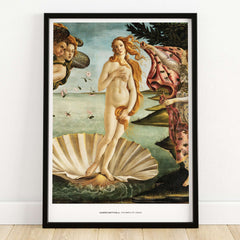 The Birth of Venus Art Print Sandro Botticelli Mythology Poster framed artwork showcasing the goddess Venus on a seashell.