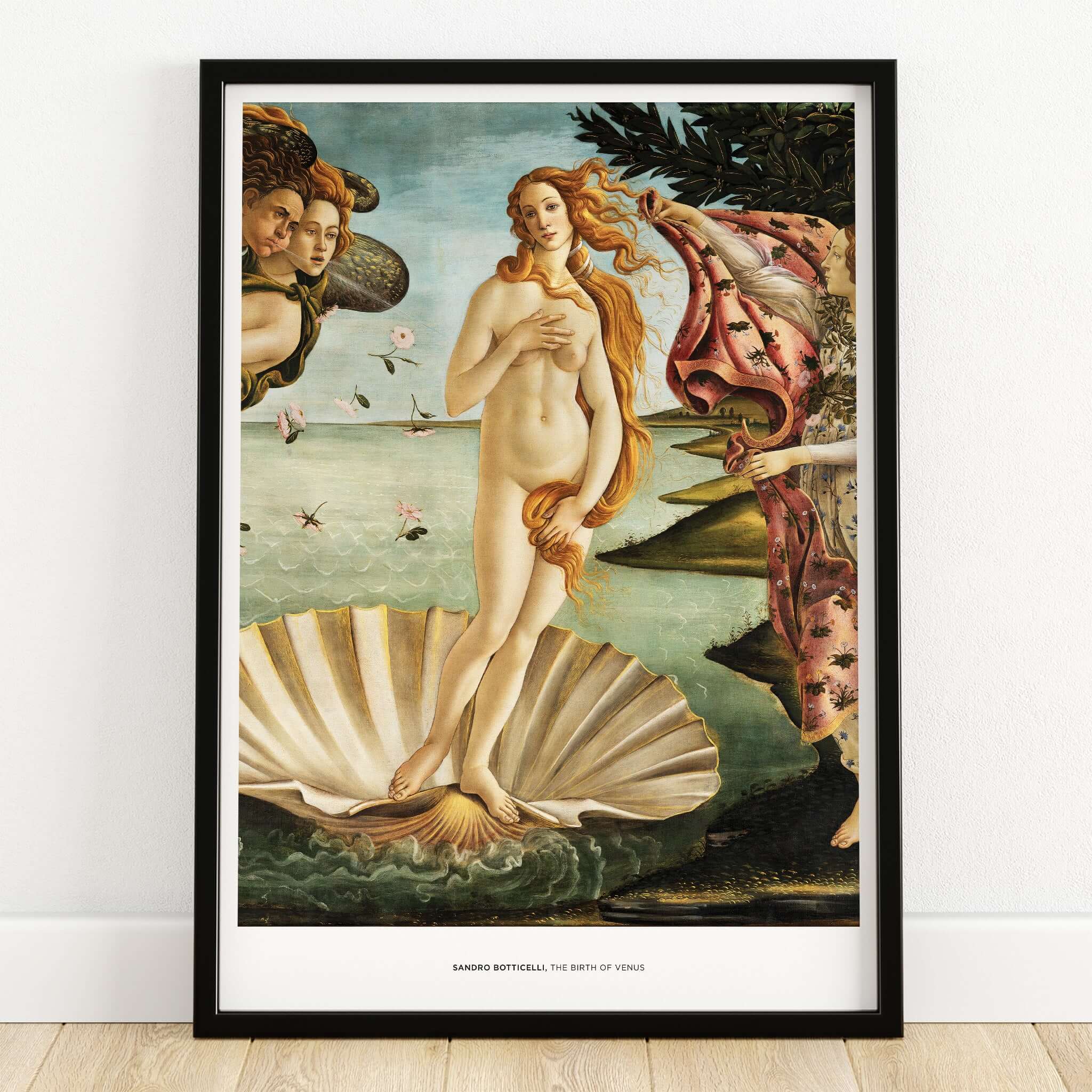The Birth of Venus Art Print Sandro Botticelli Mythology Poster framed artwork showcasing the goddess Venus on a seashell.