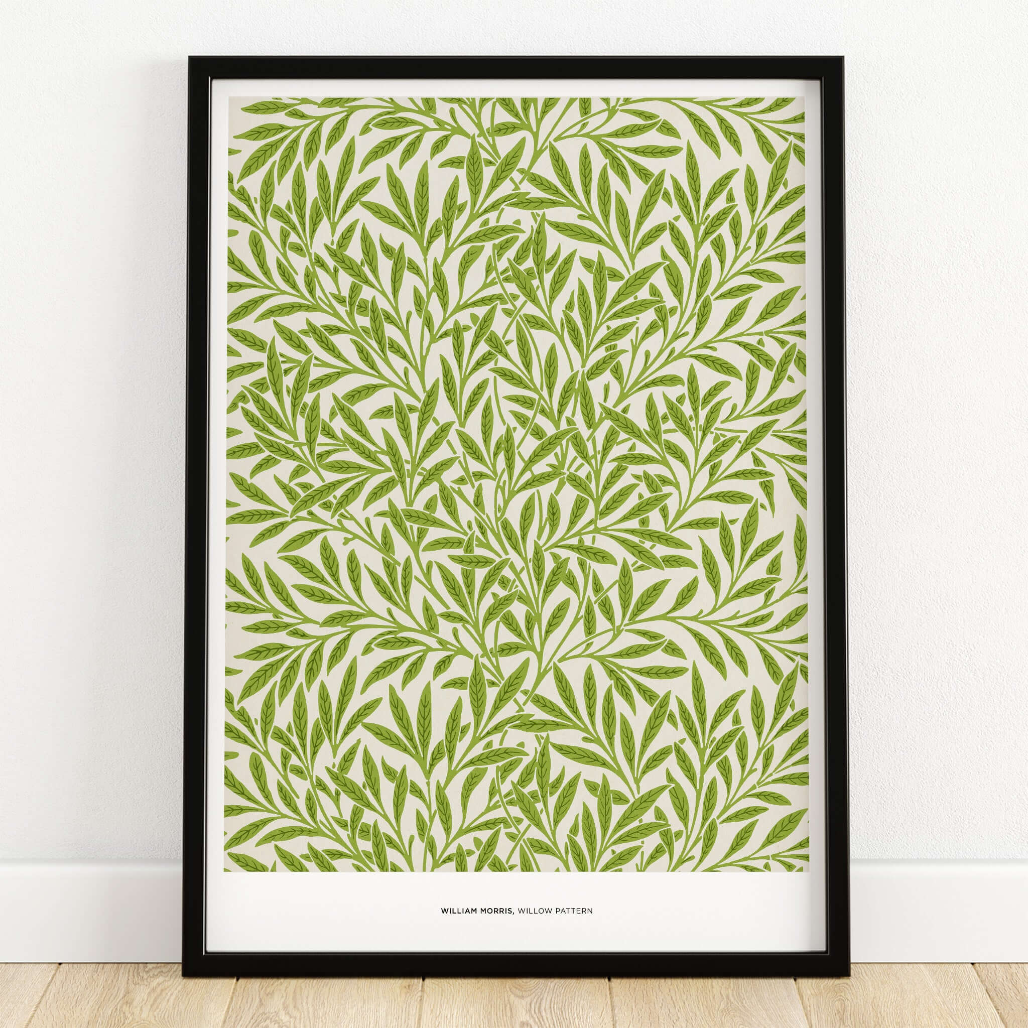 Exhibition Art Print William Morris Willow Pattern Green Botanical Wall Art with intricate green leaf design.