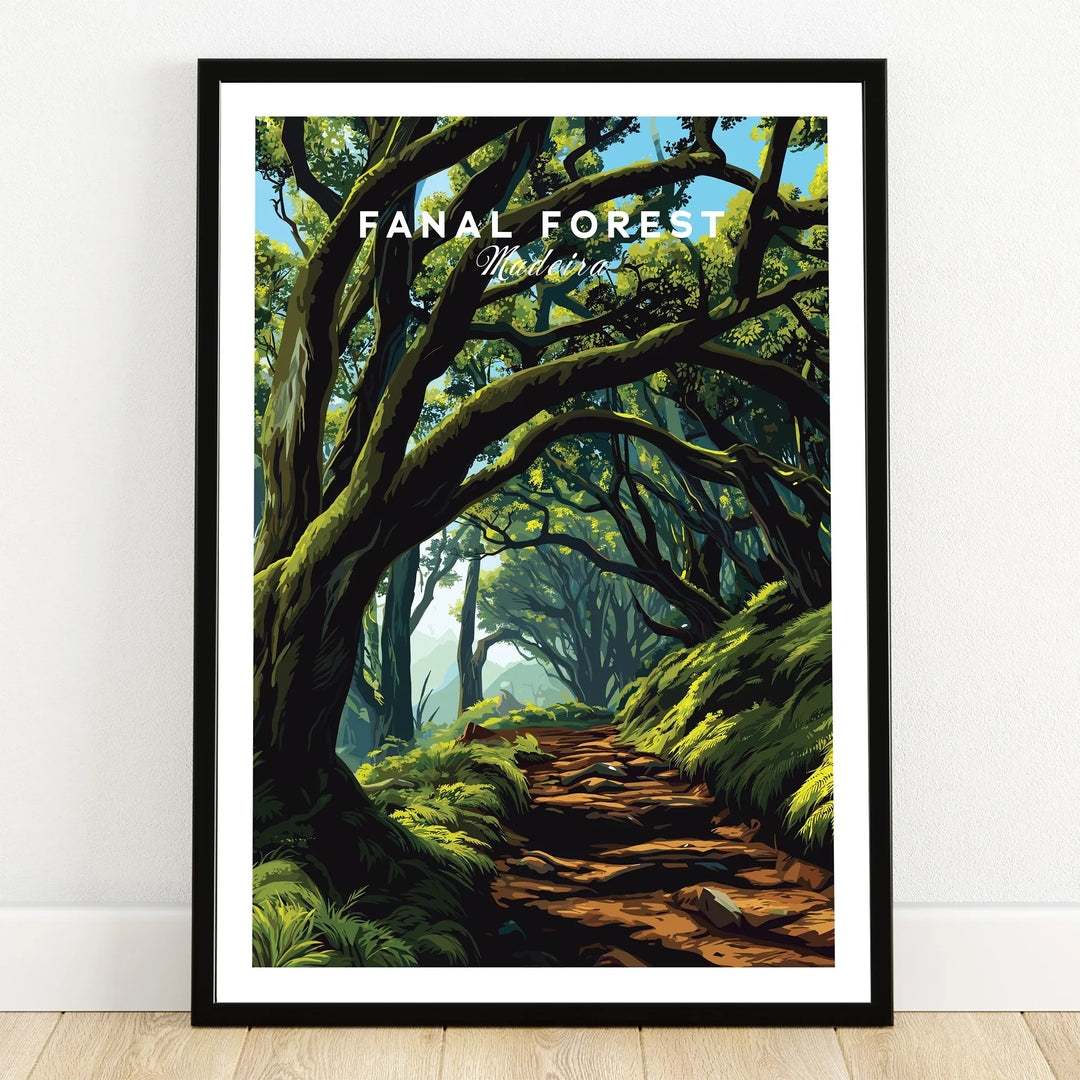 Fanal Forest art print in black frame, lush green forest trail wall decor