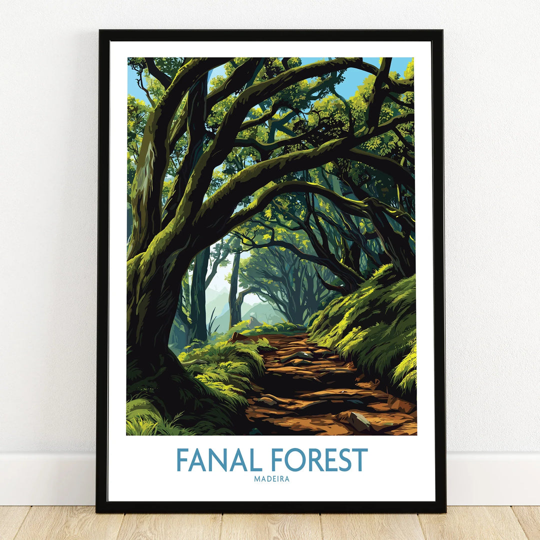 Fanal Forest Madeira art print in black frame on wooden floor, nature wall decor