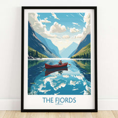 Fjords Norway Wall Art | Modern Style featuring a scenic landscape with a boat in pristine waters.