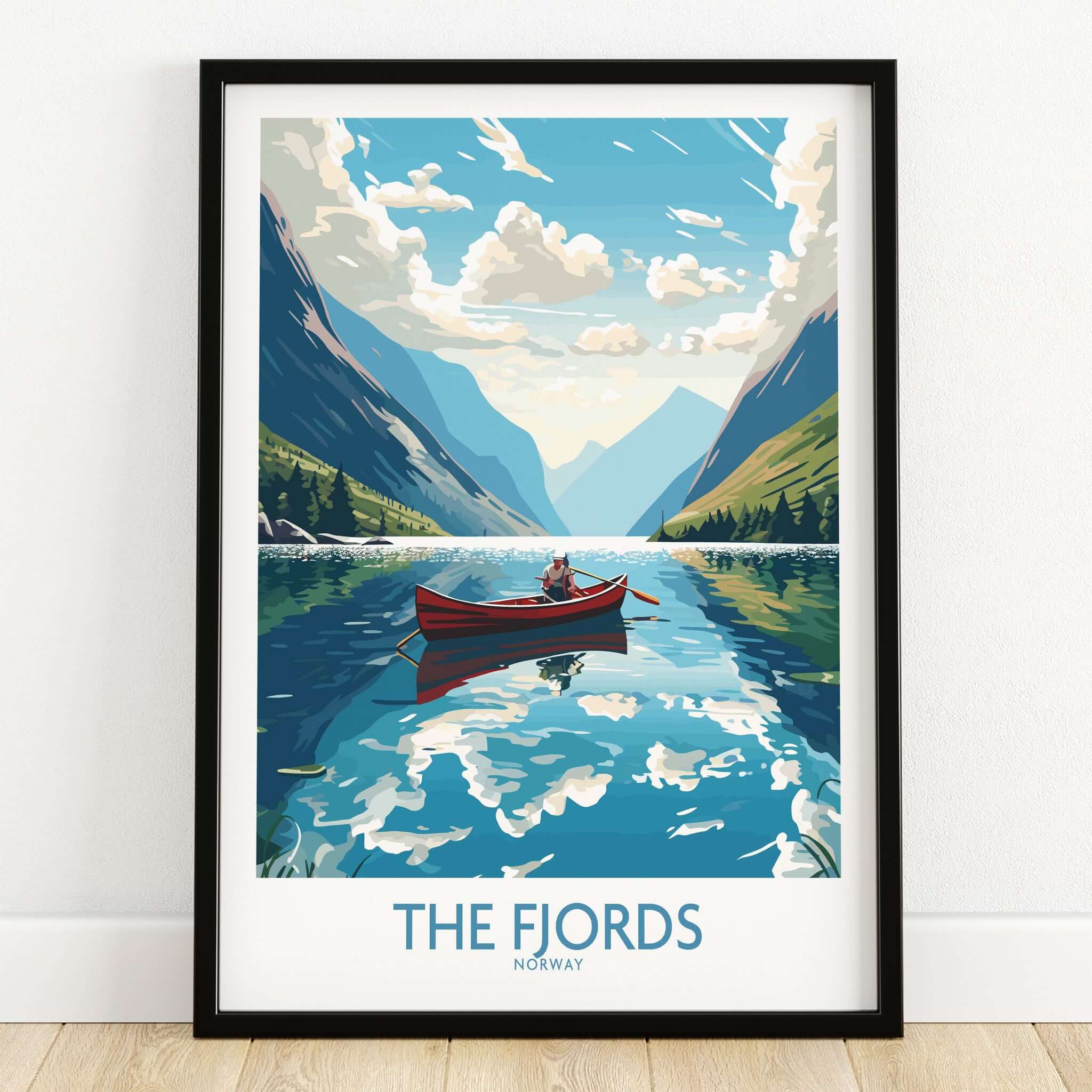 Fjords Norway Wall Art | Modern Style featuring a scenic landscape with a boat in pristine waters.