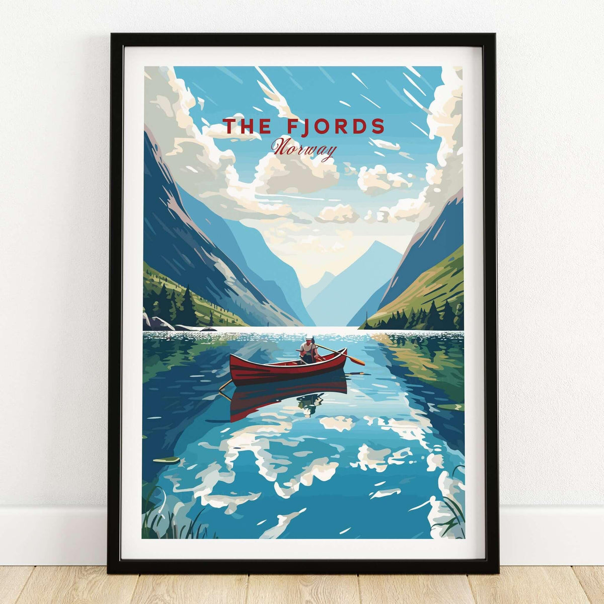 Fjords Wall Art Norway featuring a scenic view of a boat on a tranquil fjord in Norway