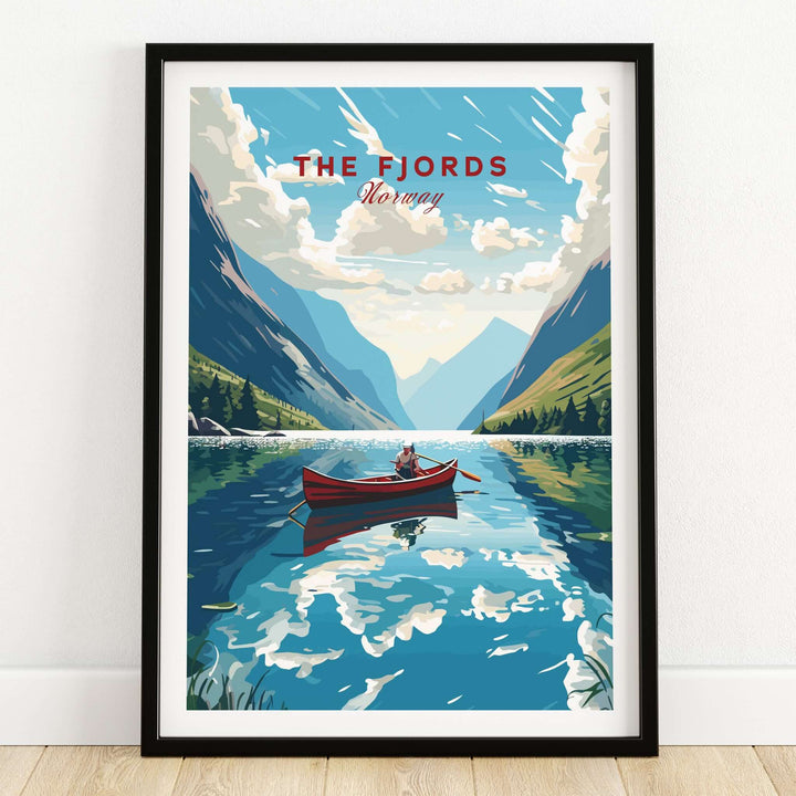 Fjords Wall Art Norway featuring a scenic view of a boat on a tranquil fjord in Norway