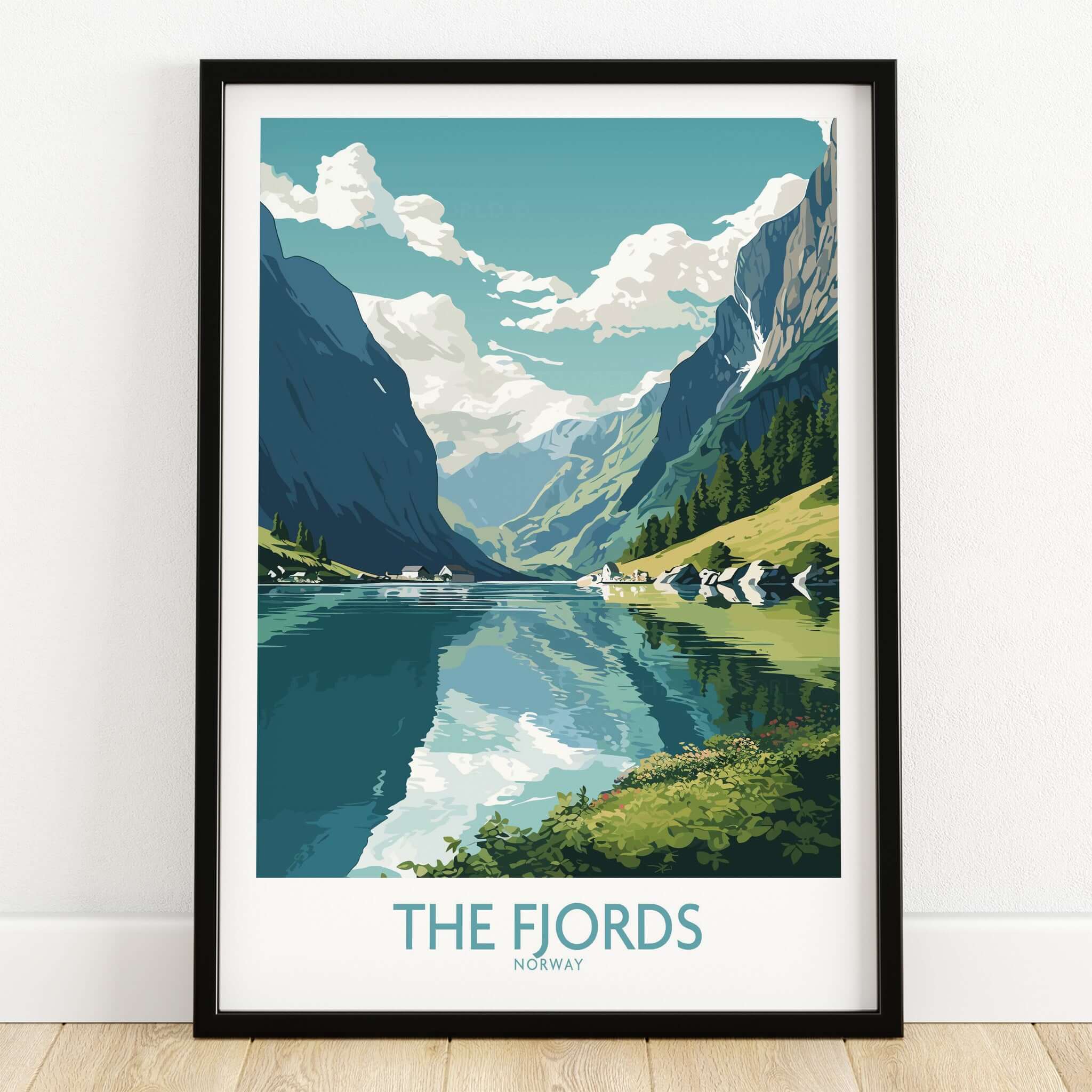 Fjords Wall Art | Modern Style showcasing the serene landscapes of Norway's fjords with vibrant colors and a contemporary design.