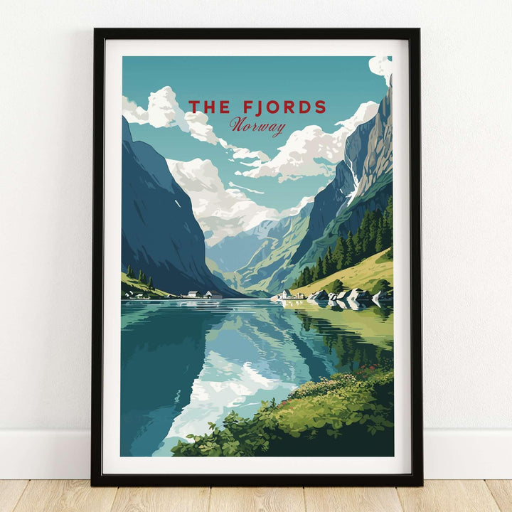 Norway Fjords Travel Poster showcasing stunning fjord scenery, vibrant colors, and majestic mountains, perfect wall art.