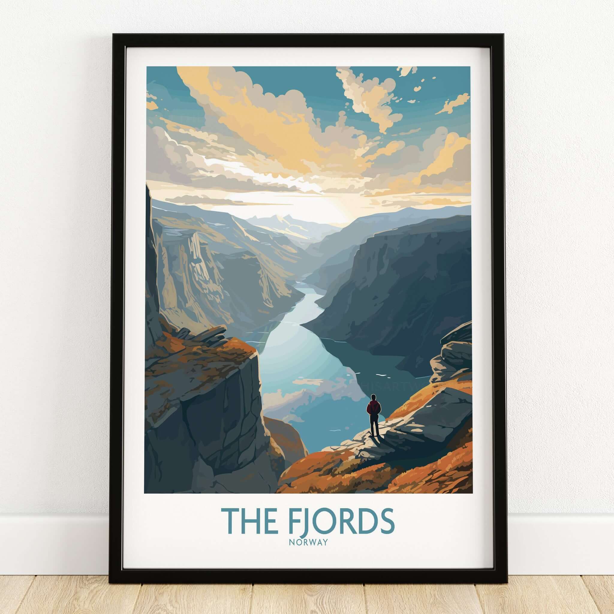 Fjords Wall Art | Modern Style featuring a stunning landscape of Norwegian fjords with a person admiring the view