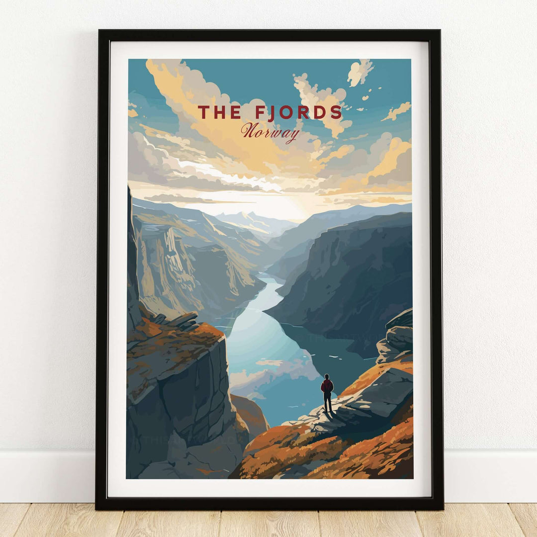 Fjord Wall Art Print - Norway showcasing iconic cliffs and waters of Norway's fjords in a vibrant poster design.