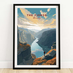 Fjord Wall Art Print - Norway showcasing iconic cliffs and waters of Norway's fjords in a vibrant poster design.
