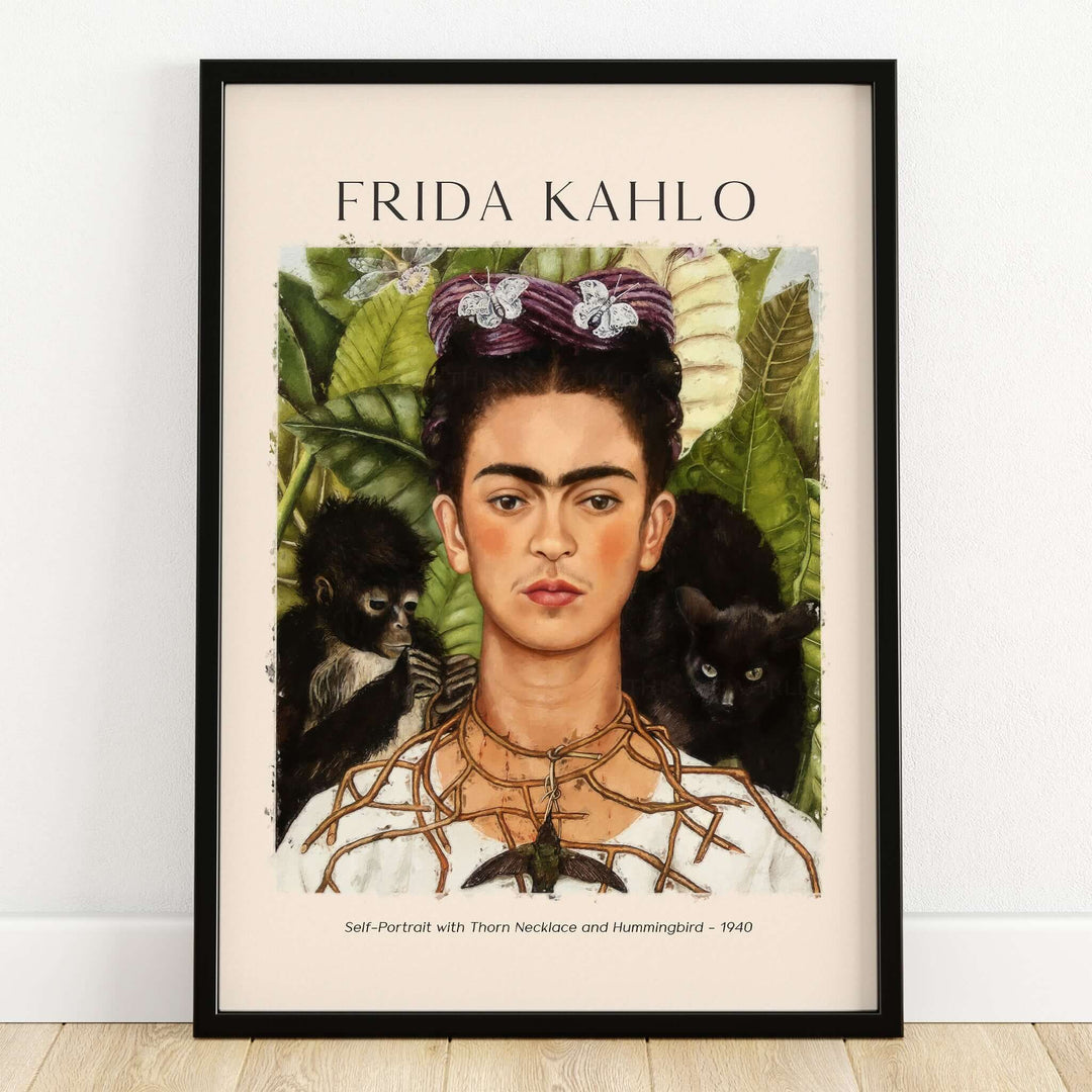 Frida Kahlo Self Portrait with Thorn Necklace and Hummingbird Print display, features iconic 1940 artwork by Frida Kahlo.