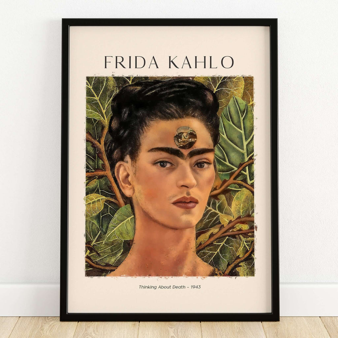 Frida Kahlo Thinking About Death Self Portrait Wall Art Print Poster featuring a close-up self-portrait with skull.