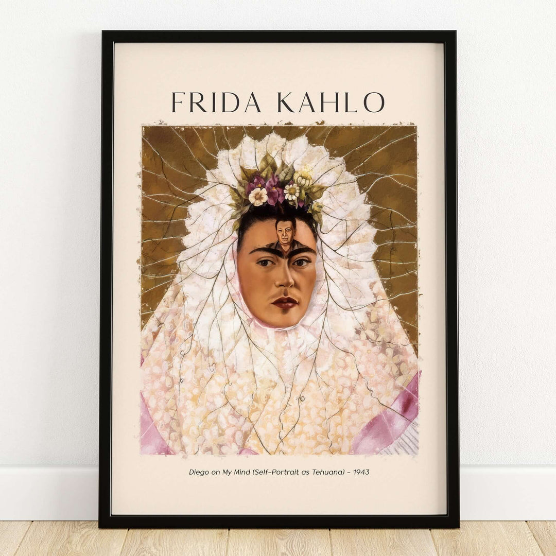 Frida Kahlo Diego on My Mind Tehuana Self Portrait Poster Art Print featuring Frida in traditional attire and Diego's portrait.