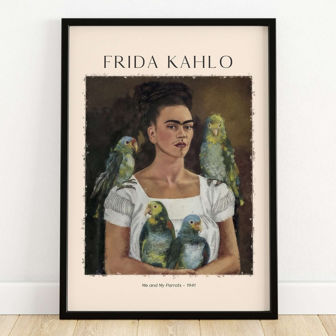 Frida Kahlo Me and My Parrots Self Portrait Art Print Poster Wall Art featuring Frida with parrots.