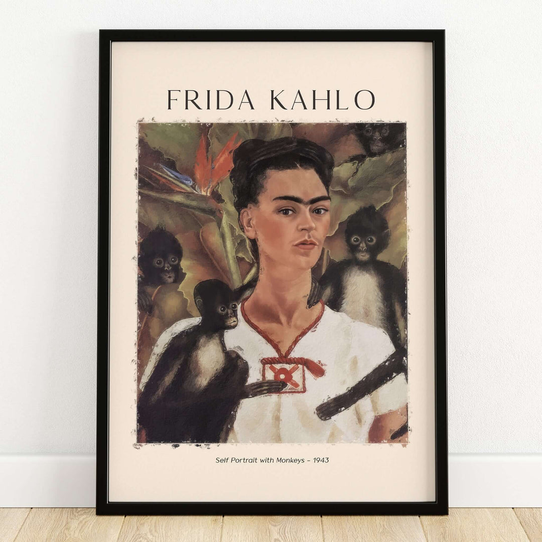 Frida Kahlo Self Portrait with Monkeys Famous Painting Poster Art Print featuring Frida surrounded by monkeys and tropical plants.
