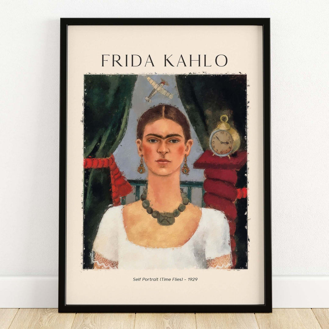 Frida Kahlo Self Portrait Time Flies 1929 Vintage Art Print Poster showcasing a portrait of Frida with symbolic elements.