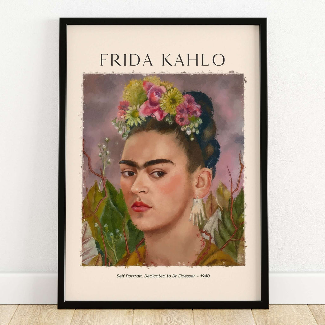 Frida Kahlo Self Portrait Dedicated Dr Eloesser Floral Poster Art Print featuring vibrant colors and floral crown.