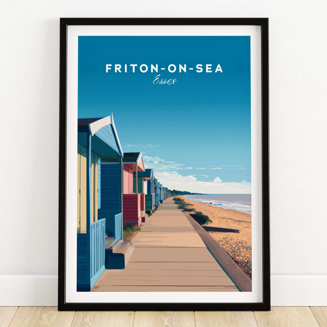 Frinton-on-Sea Travel Poster – Essex Coastline Beach Huts & Prom Art showcasing colorful beach huts and serene promenade.