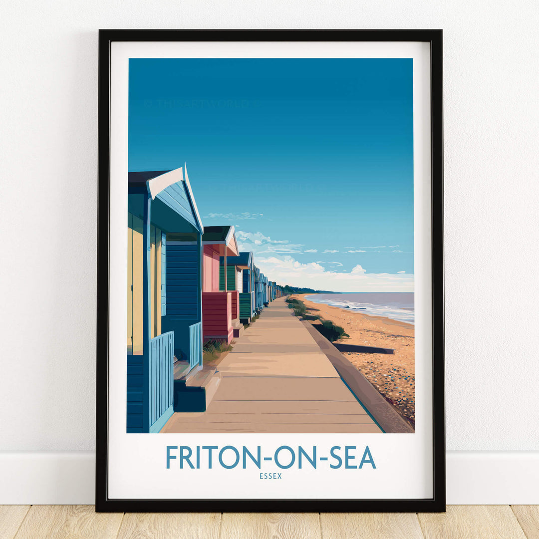 Frinton-on-Sea England Wall Art – Colorful Seaside Beach Hut Decor Print featuring iconic beach huts in Essex.
