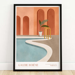 Galerie Bohème Poolside Morocco Architecture Poster Minimalist Wall Art Print showcasing a serene poolside scene.