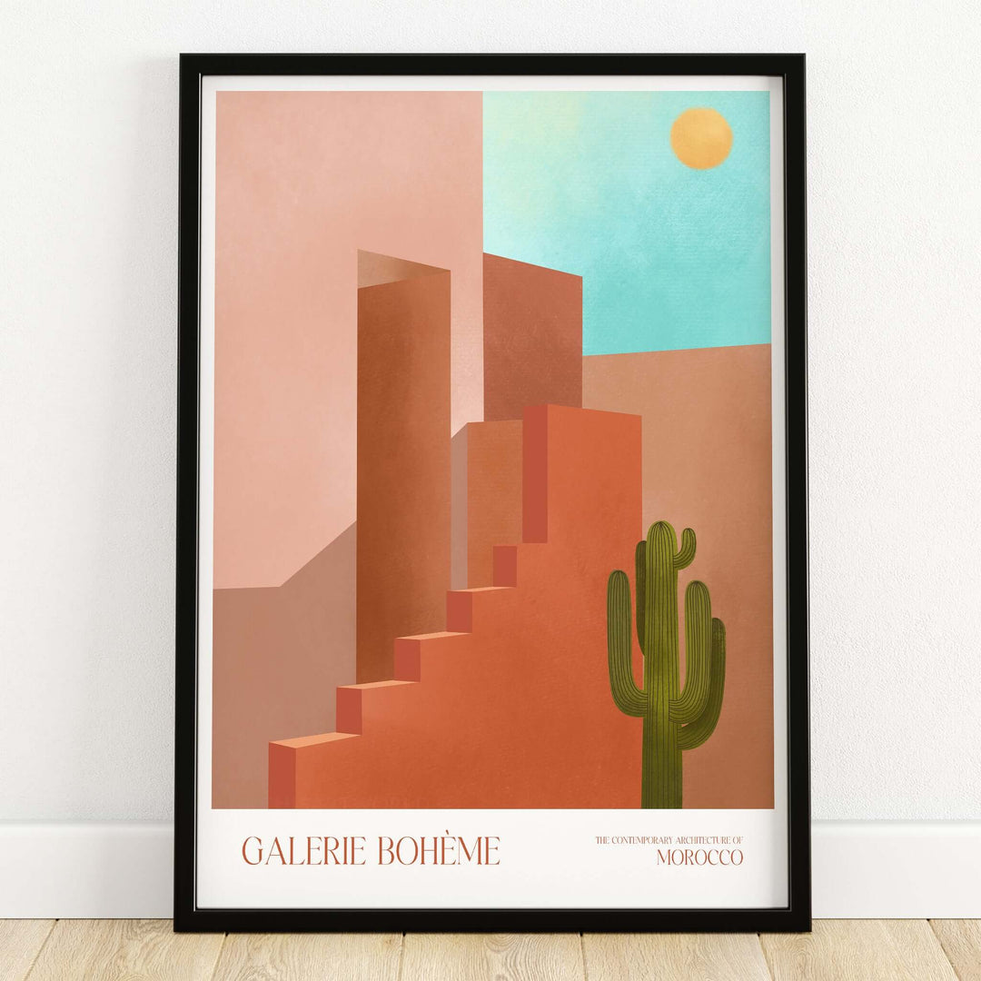 Galerie Bohème Abstract Moroccan Stairs Cactus Poster Desert Wall Art Print featuring geometric forms and bright colors.