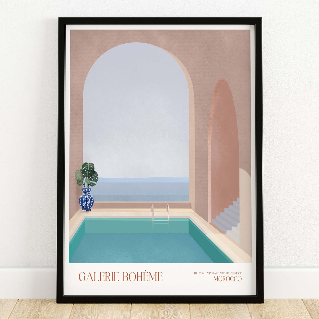 Galerie Bohème Moroccan Pool Ocean Archway Art Print Mediterranean Poster featuring a turquoise pool and decorative elements.