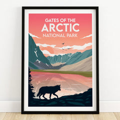 Gates of the Arctic National Park print with wolf silhouette, mountains, and sunrise reflection in black frame