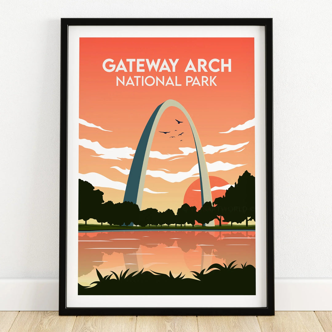 Gateway Arch National Park art print in black frame with sunset and river reflection