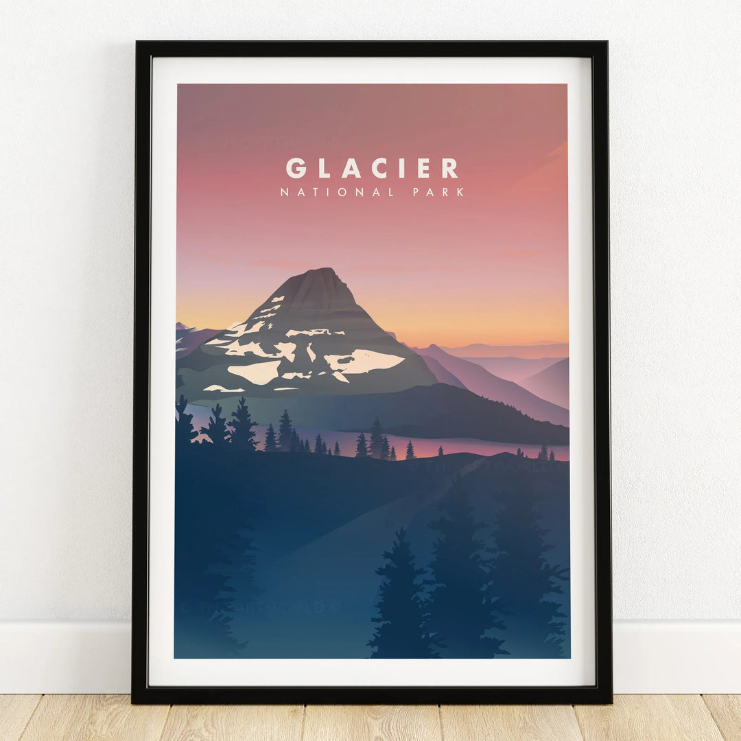 Glacier National Park art print in black frame with colorful mountain sunset landscape