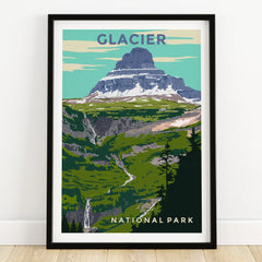 Glacier National Park art print in black frame on wooden floor, mountain landscape illustration