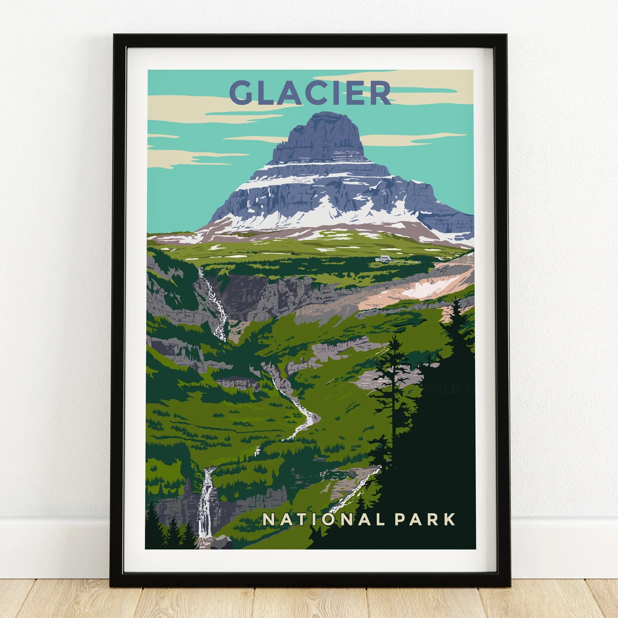 Glacier National Park art print in black frame on wooden floor, mountain landscape illustration