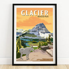 Glacier National Park art print with mountain goat, framed wall art, scenic landscape