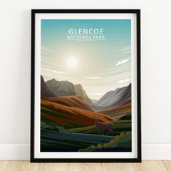Glencoe National Park art print in black frame, featuring a scenic mountain landscape and deer.