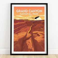 Grand Canyon National Park art print in black frame with sunset and eagle, wall decor