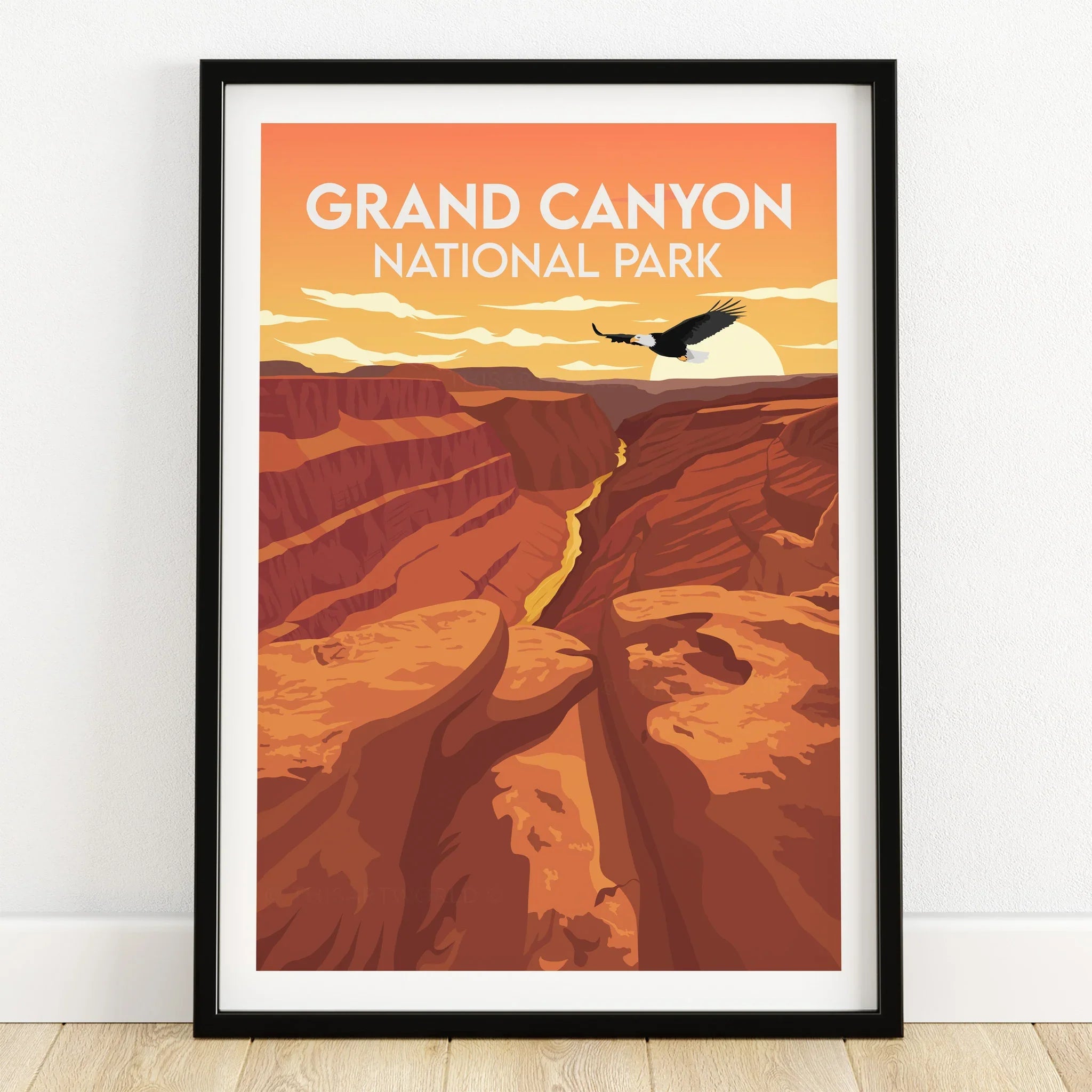 Grand Canyon National Park art print in black frame with sunset and eagle, wall decor