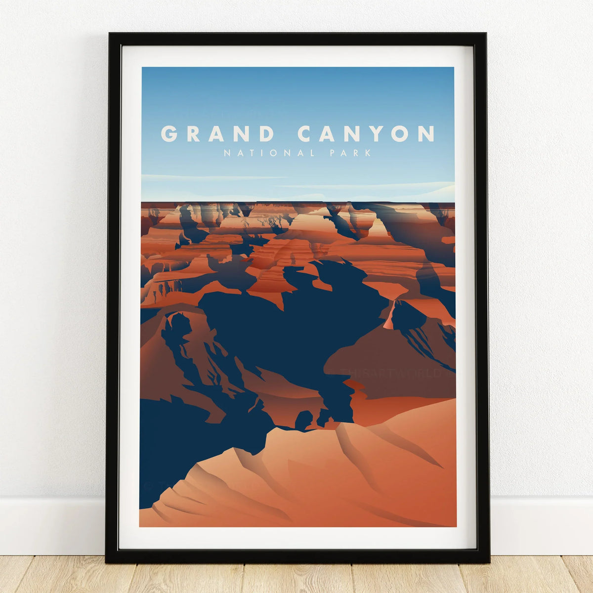 Grand Canyon National Park art print in black frame on wooden floor, travel poster style