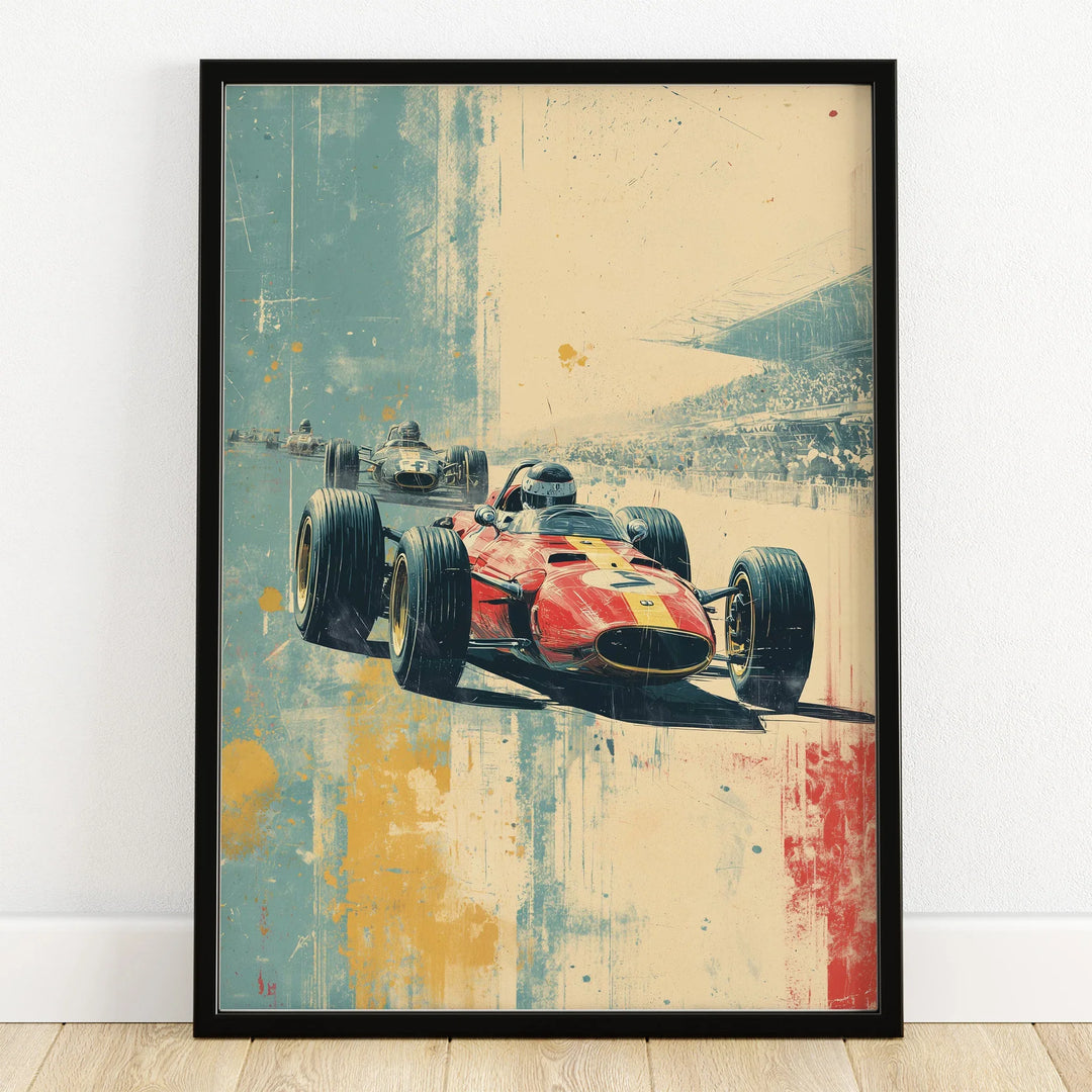 Vintage Grand Prix race car art print in black frame on wooden floor