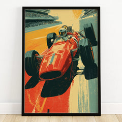 Vintage racing car art print in black frame on wooden floor, motorsport wall decor