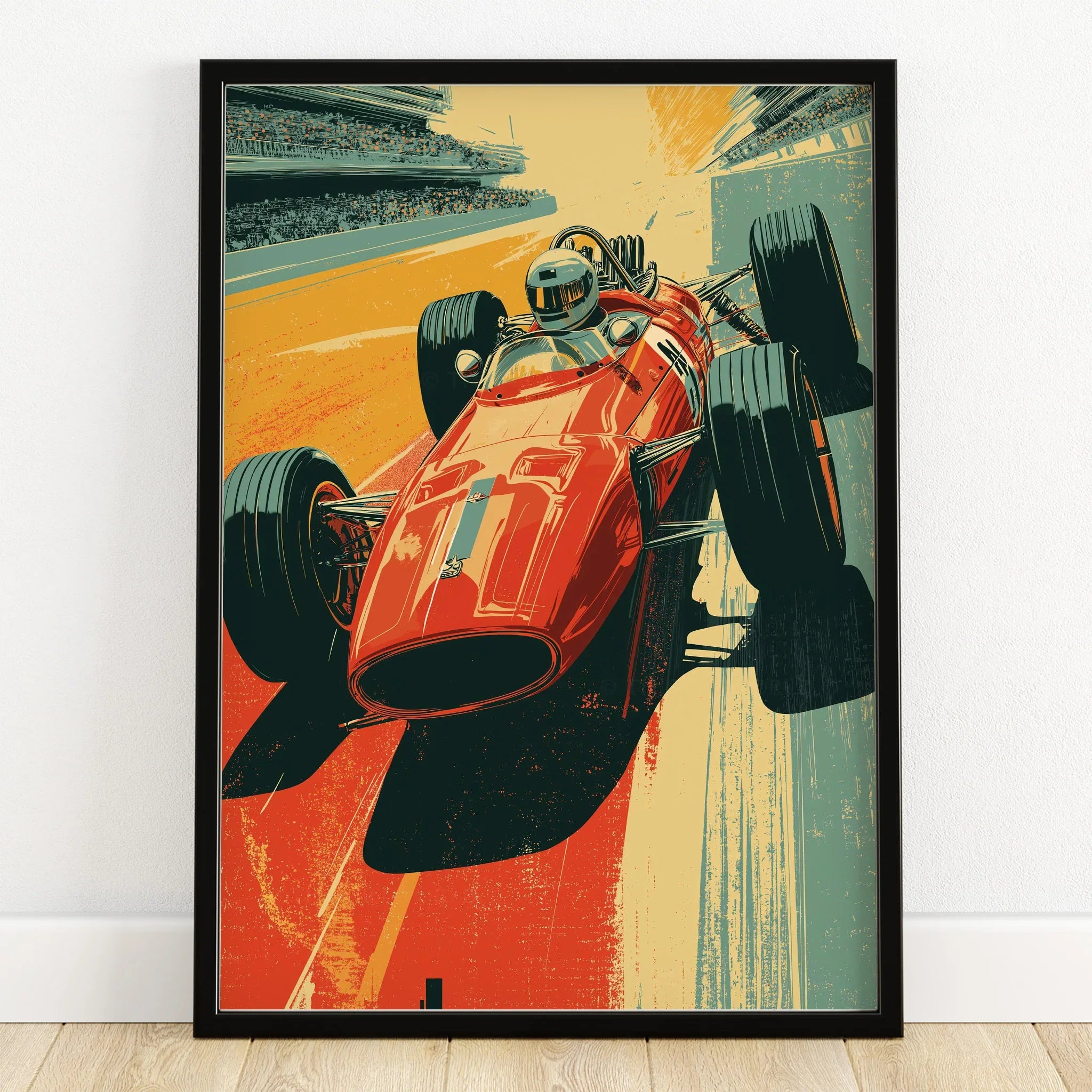 Vintage racing car art print in black frame on wooden floor, motorsport wall decor
