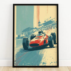 Framed art print of vintage red race car speeding on track with grandstands and crowd
