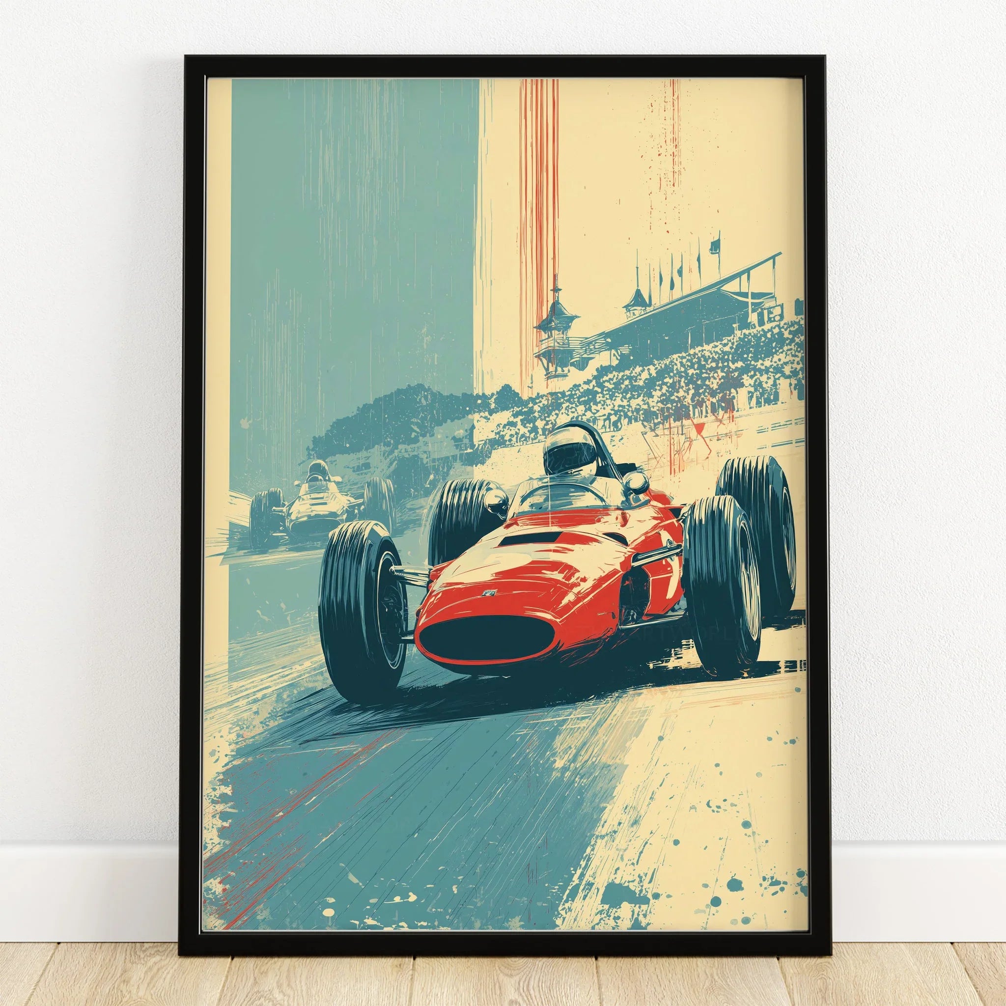 Framed art print of vintage red race car speeding on track with grandstands and crowd