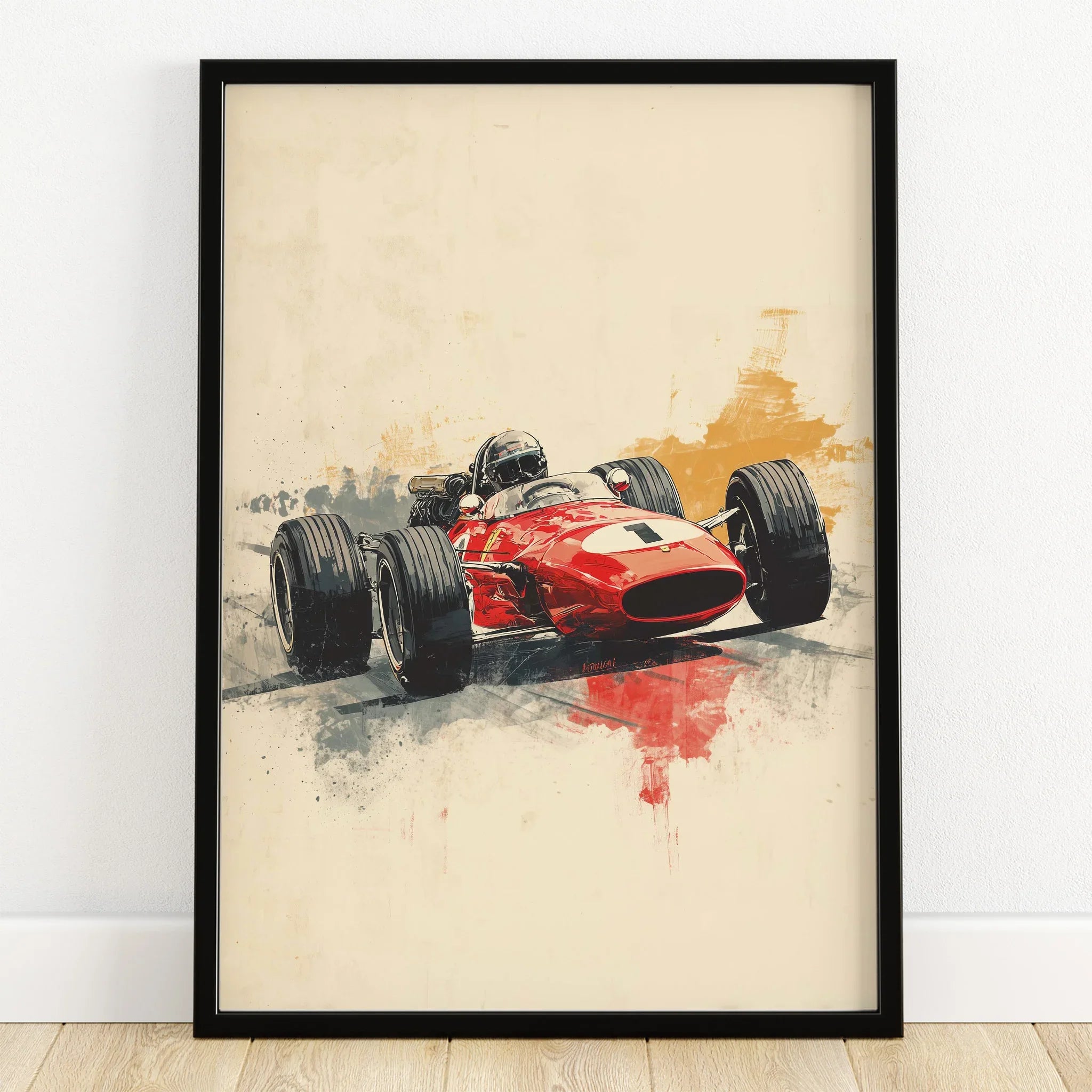 Vintage red race car art print in black frame on wooden floor, retro motorsport decor