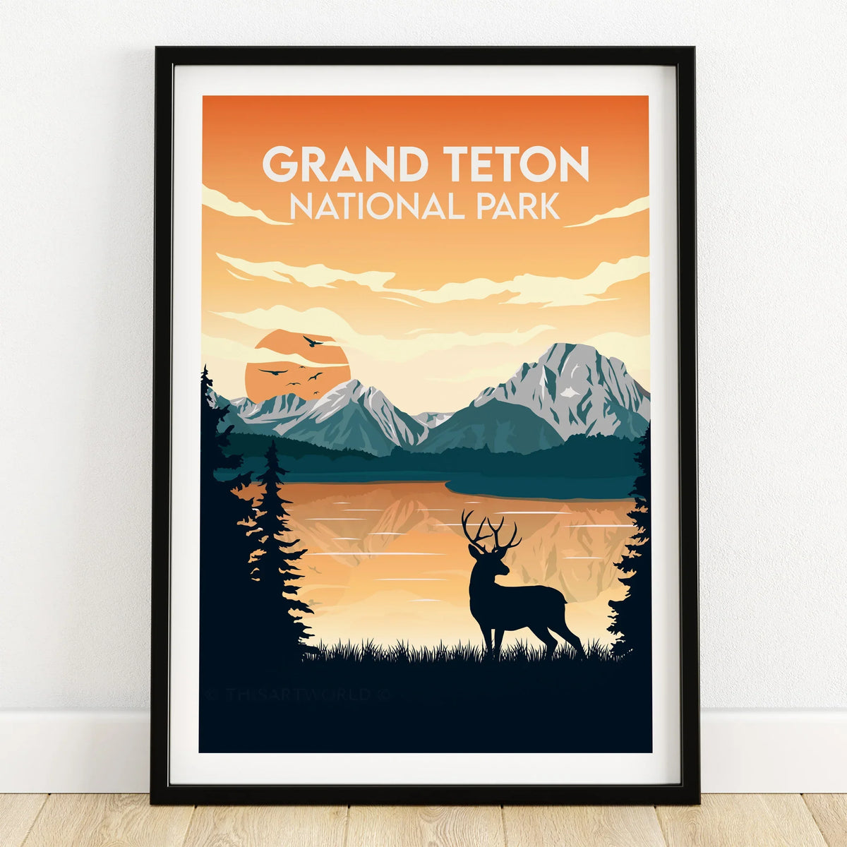 Grand Teton National Park art print with deer, sunset, mountains, and lake in black frame