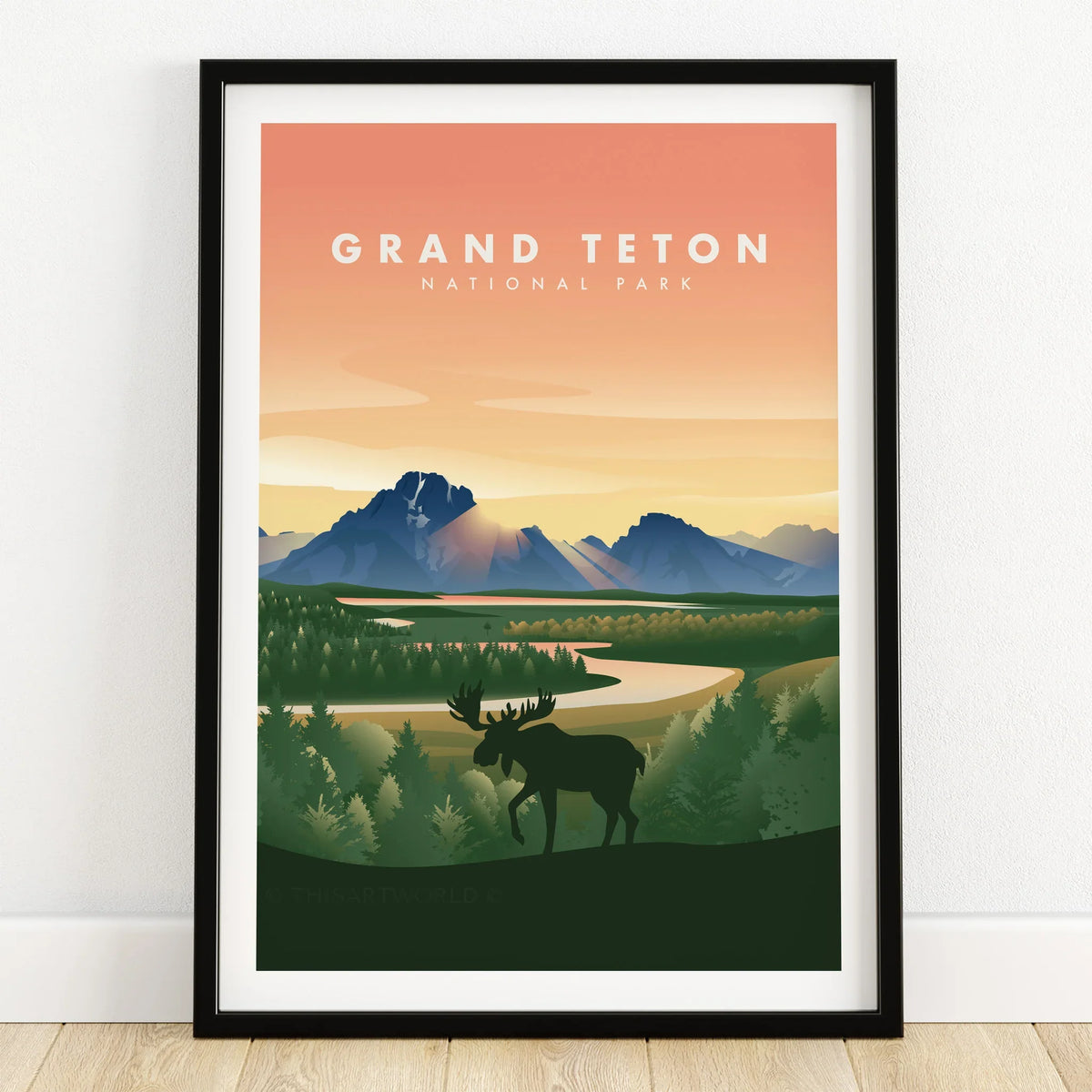 Grand Teton National Park art print with moose, mountains, and sunset in black frame